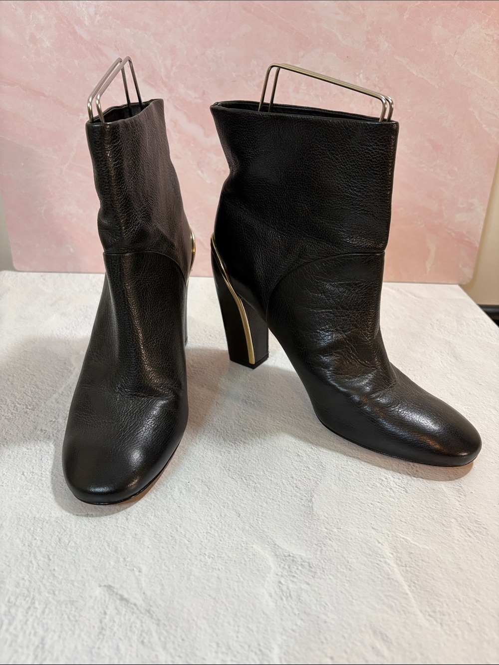Diane Von Furstenberg Black Leather Ankle Boots with Gold Heel Trim